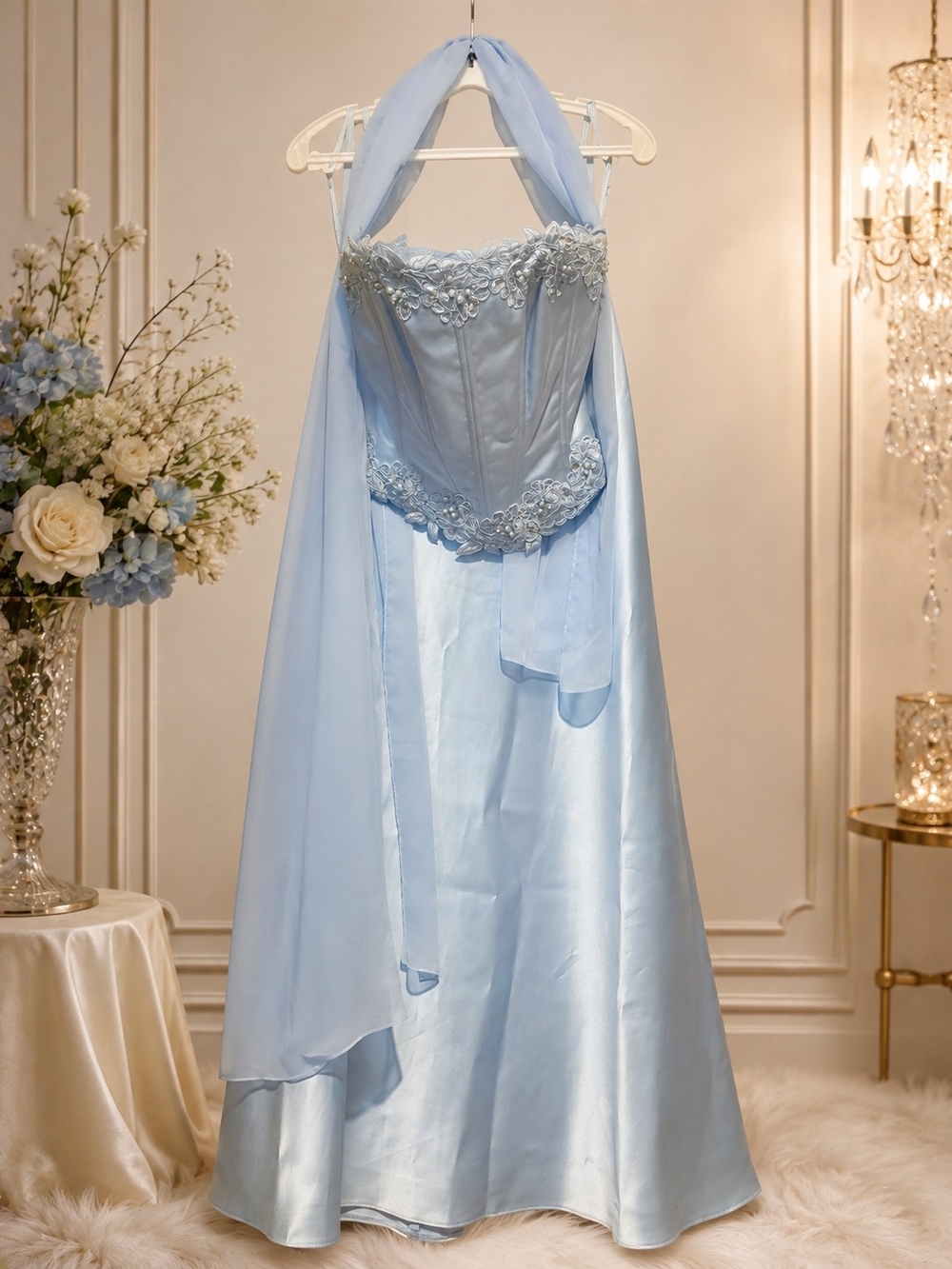 Light Blue Satin Halter Corset Prom Dress with Lace Appliqué